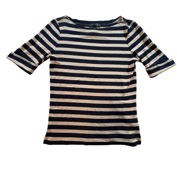 Lauren Ralph Lauren Tops - Lauren Ralph Lauren Striped Metallic Top Women Medium Black Gold Boat Neck Shirt
